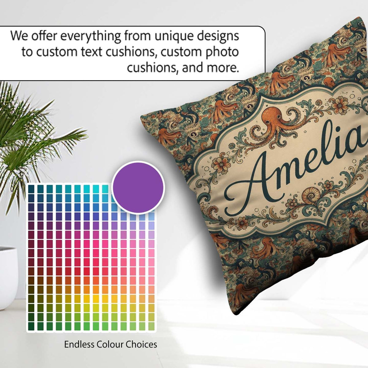Custom Name Ornate Octopus and Coral Reef Seamless Pattern Ocean Square Filled Cushion Throw Pillow Sofa Bed Home Decor Zip Washable UK Made