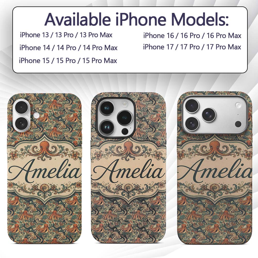 Ornate Octopus and Coral Reef Seamless Pattern Custom Name Protective Phone Case Mobile Cover Durable Everyday Smartphone Shock Resistant