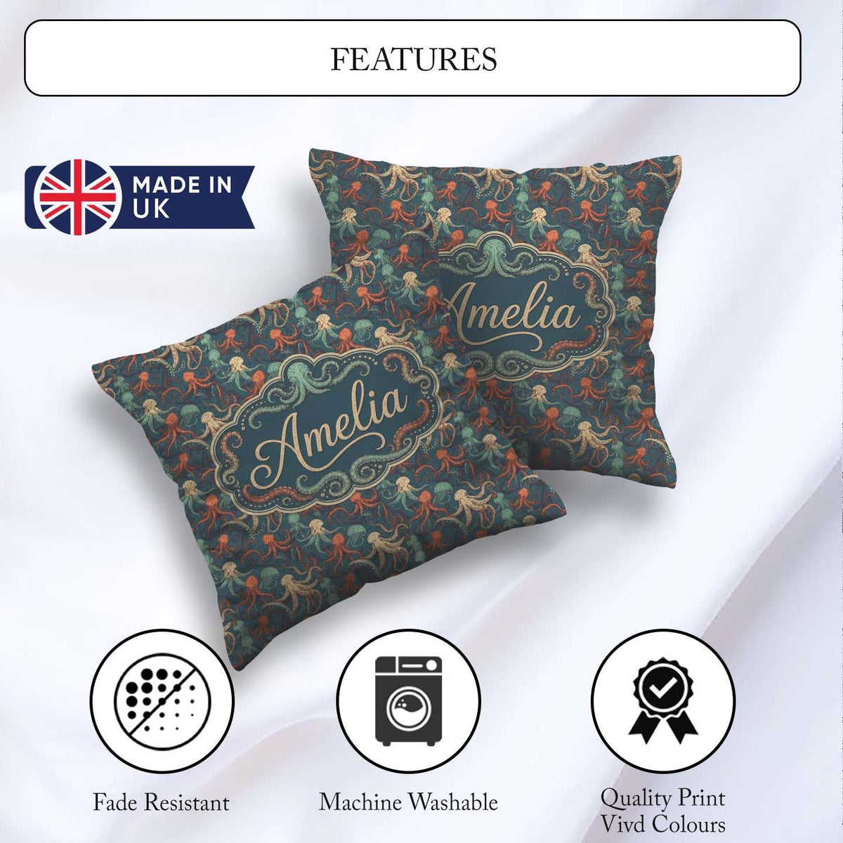 Custom Name Cartoon Octopus Seamless Pattern Playful Marine Life Square Filled Cushion Throw Pillow Sofa Bed Home Decor Zip Washable UK Made