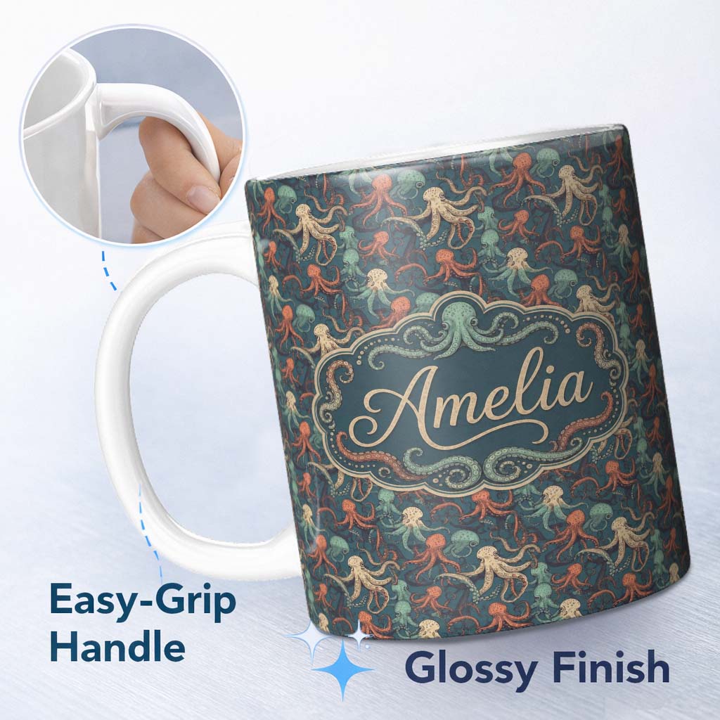 Personalized Custom Name Cute Cartoon Octopus Seamless Pattern Playful Marine Life Design 11oz Ceramic Coffee Tea Mug White Large Handle