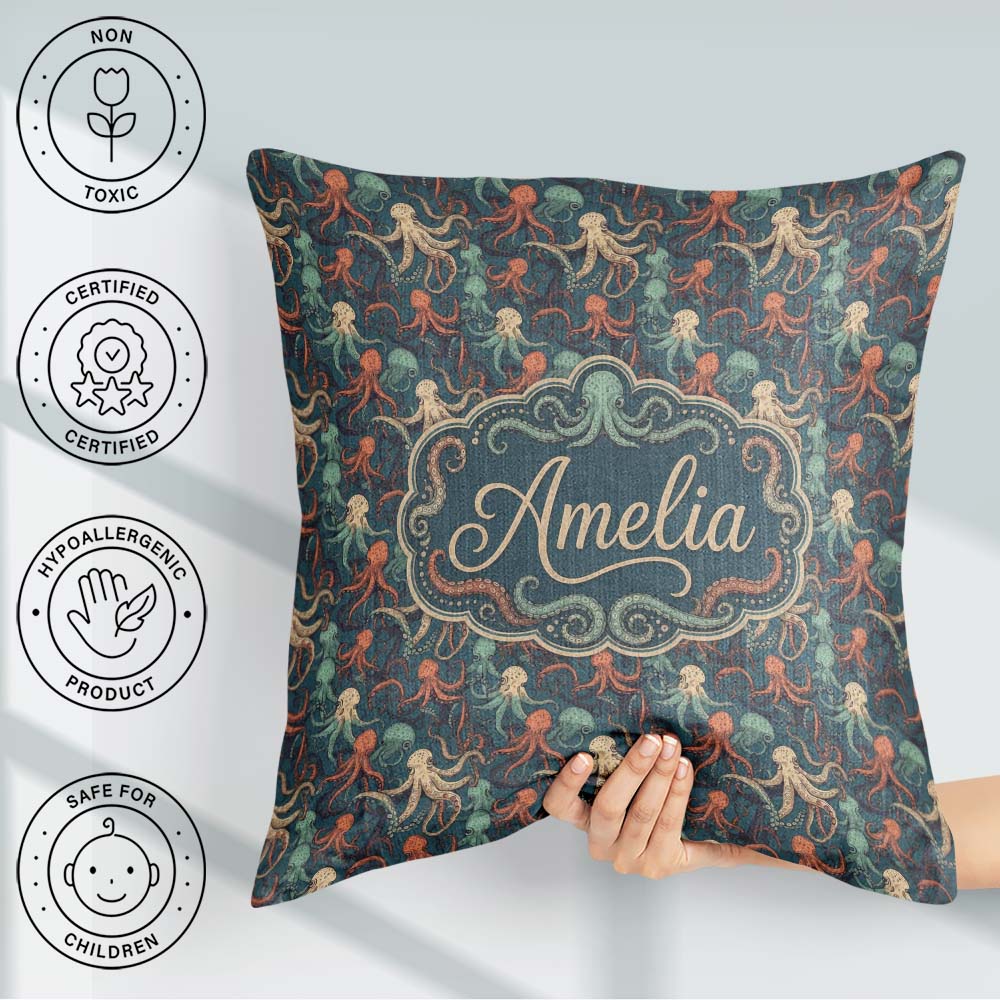 Custom Name Cartoon Octopus Seamless Pattern Playful Marine Life Square Filled Cushion Throw Pillow Sofa Bed Home Decor Zip Washable UK Made
