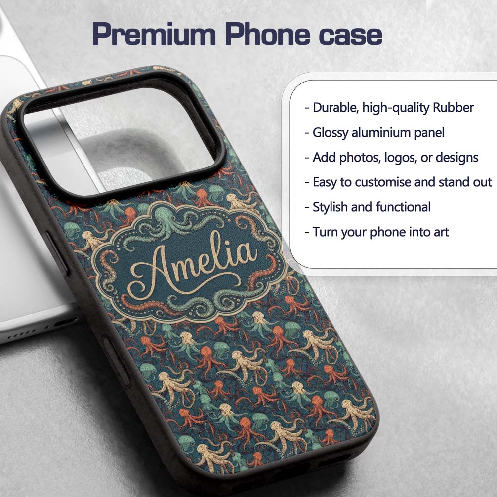 Cute Cartoon Octopus Seamless Pattern Playful Custom Name Protective Phone Case Mobile Cover Durable Everyday Smartphone Shock Resistant