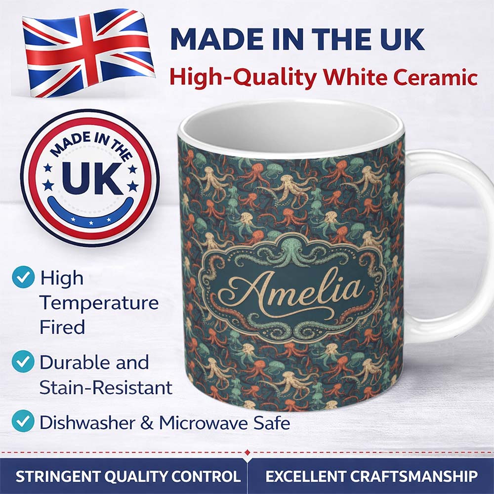 Personalized Custom Name Cute Cartoon Octopus Seamless Pattern Playful Marine Life Design 11oz Ceramic Coffee Tea Mug White Large Handle