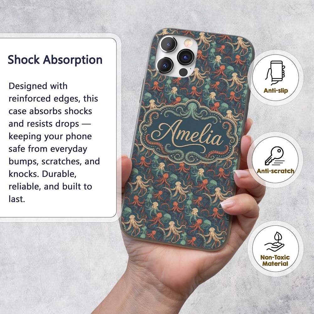 Cute Cartoon Octopus Seamless Pattern Playful Custom Name Protective Phone Case Mobile Cover Durable Everyday Smartphone Shock Resistant