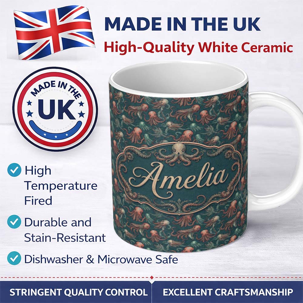 Personalized Custom Name Detailed Octopus Illustration Seamless Pattern Dark Ocean Theme 11oz Ceramic Coffee Tea Mug White Large Handle