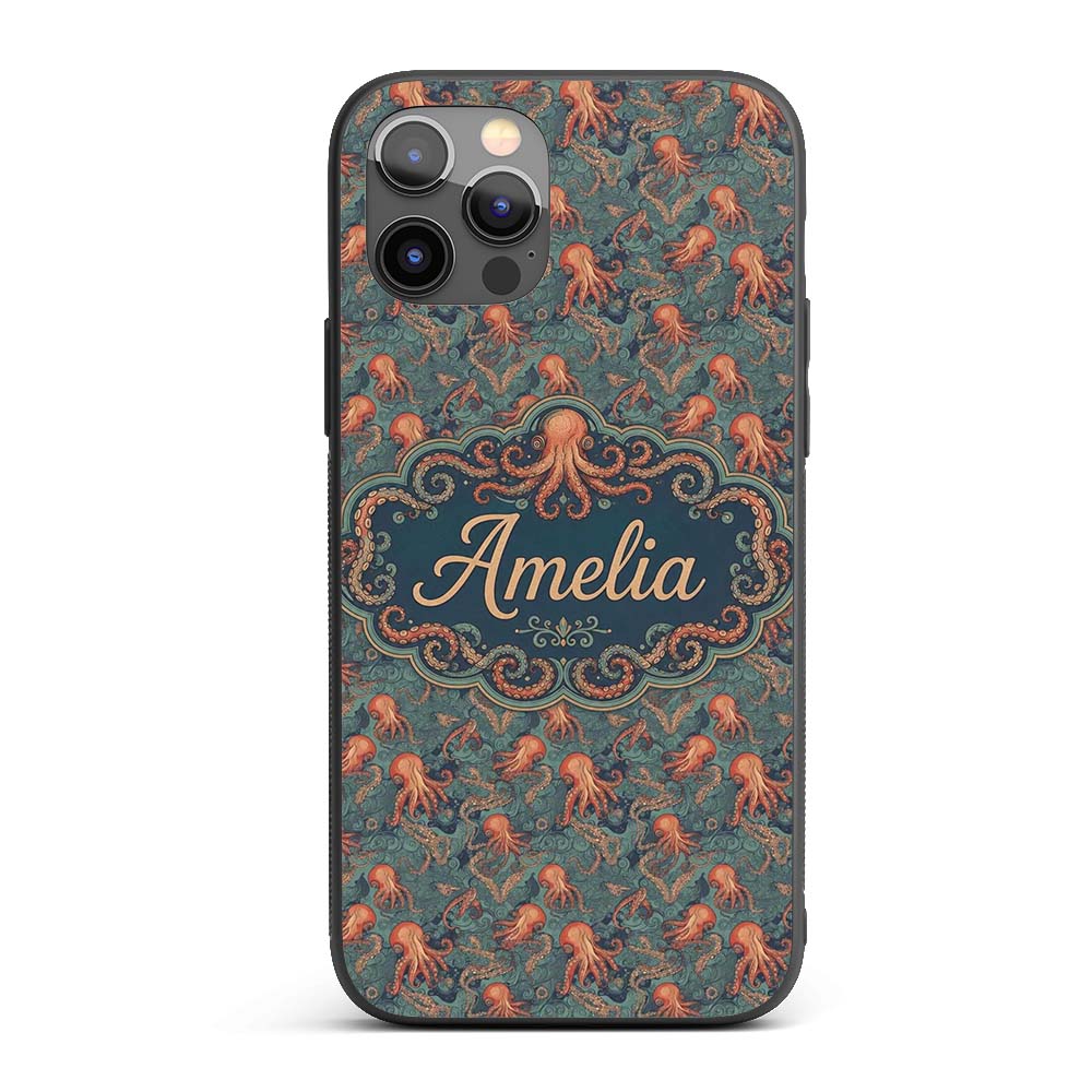 Vintage Octopus Ocean Seamless Pattern Intricate Custom Name Protective Phone Case Mobile Cover Durable Everyday Smartphone Shock Resistant