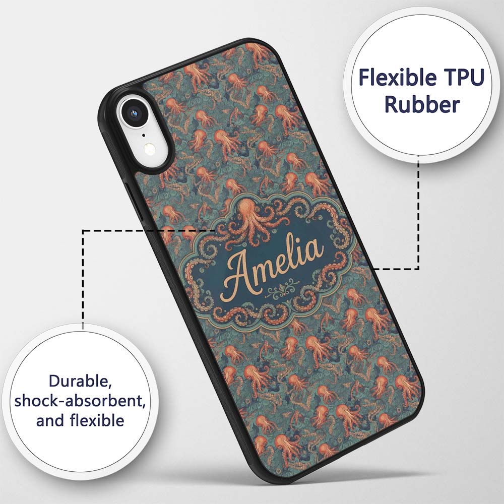 Vintage Octopus Ocean Seamless Pattern Intricate Custom Name Protective Phone Case Mobile Cover Durable Everyday Smartphone Shock Resistant