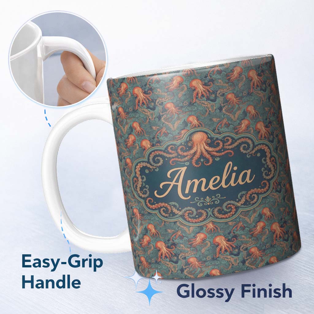 Personalized Custom Name Vintage Octopus Ocean Seamless Pattern Intricate Marine 11oz Ceramic Coffee Tea Mug White Large Handle