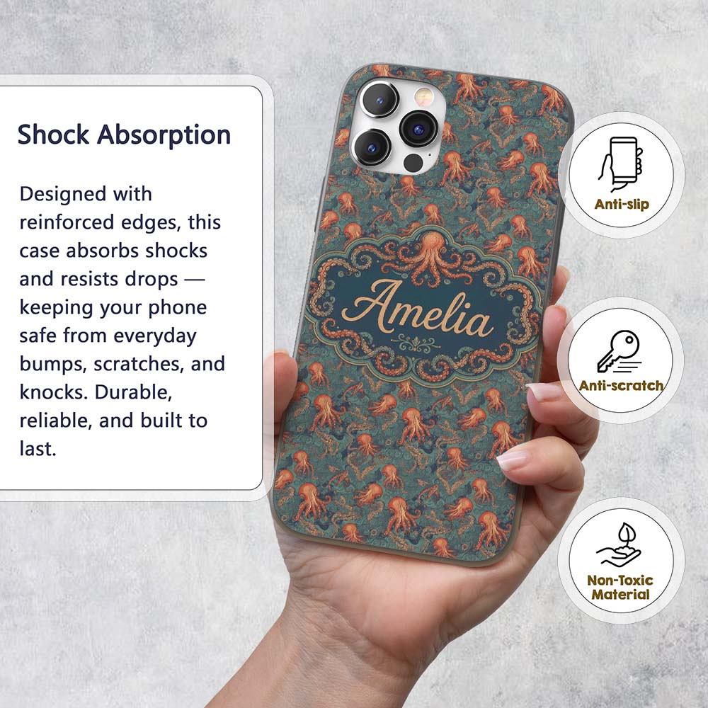 Vintage Octopus Ocean Seamless Pattern Intricate Custom Name Protective Phone Case Mobile Cover Durable Everyday Smartphone Shock Resistant