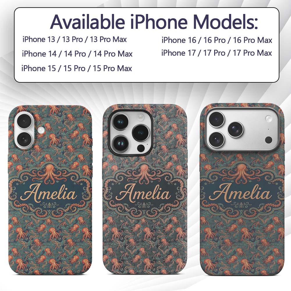 Vintage Octopus Ocean Seamless Pattern Intricate Custom Name Protective Phone Case Mobile Cover Durable Everyday Smartphone Shock Resistant