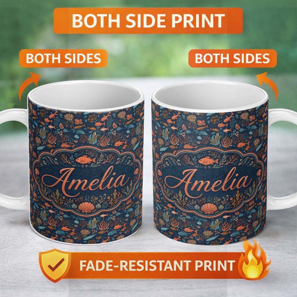 Personalized Custom Name Colorful Coral Reef Fish Seamless Pattern Ocean Marine Life Design 11oz Ceramic Coffee Tea Mug White Large Handle
