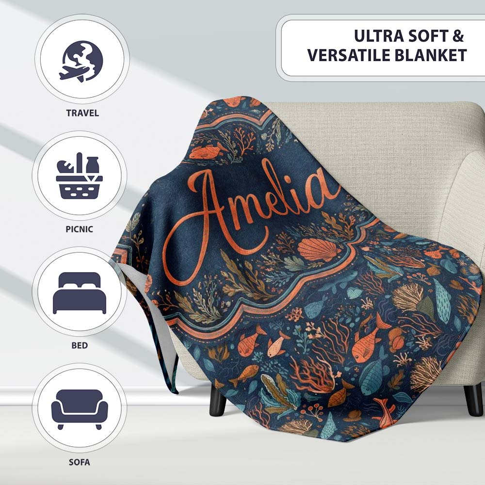 Colorful Coral Reef Fish Seamless Pattern Ocean Marine Life Design Personalised Custom Name Super Soft Fleece Blanket Bed Sofa Throw