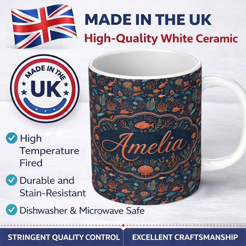 Personalized Custom Name Colorful Coral Reef Fish Seamless Pattern Ocean Marine Life Design 11oz Ceramic Coffee Tea Mug White Large Handle