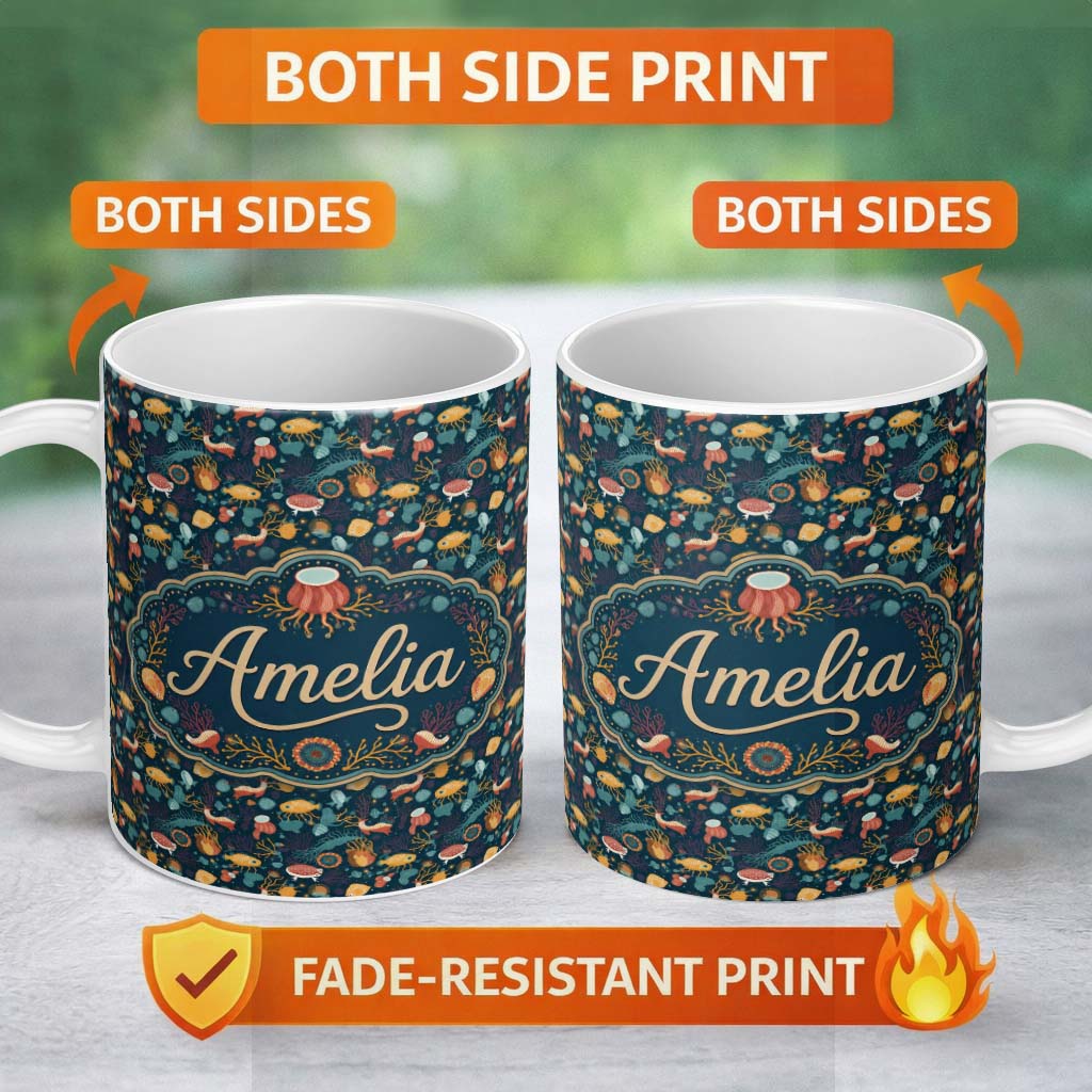 Personalized Custom Name Cute Sea Creatures Seamless Pattern Jellyfish Fish Coral Ocean 11oz Ceramic Coffee Tea Mug White Large Handle