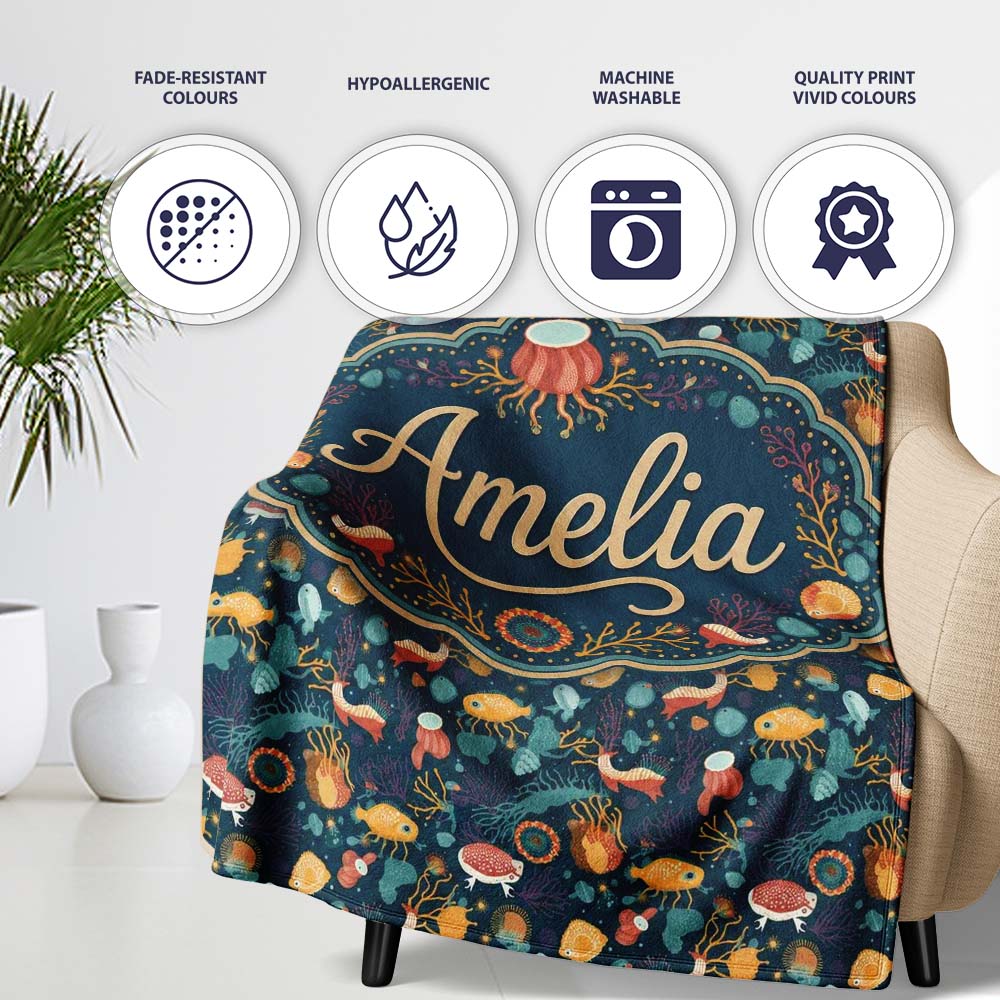 Cute Sea Creatures Seamless Pattern Jellyfish Fish Coral Ocean Personalised Custom Name Super Soft Fleece Blanket Bed Sofa Throw