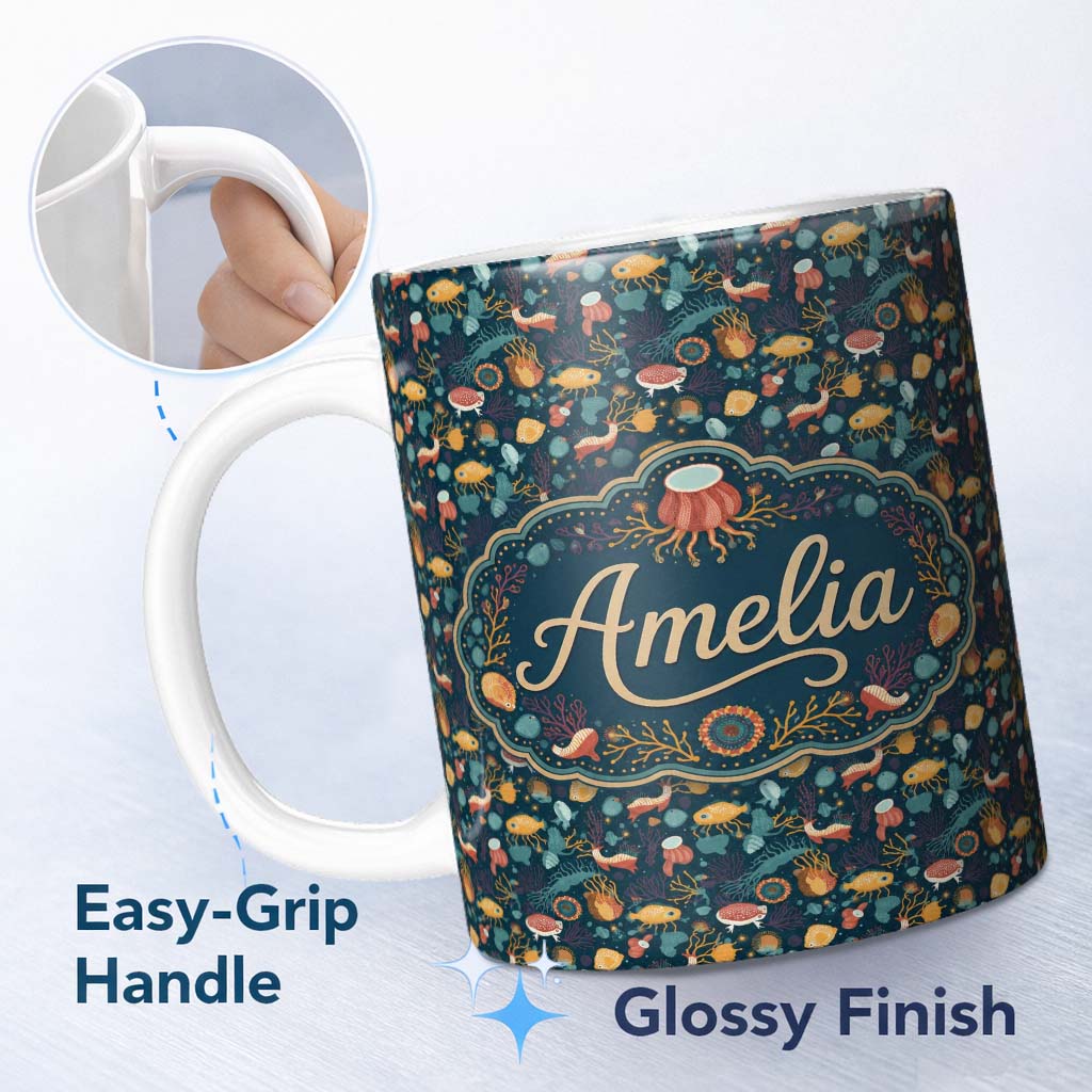 Personalized Custom Name Cute Sea Creatures Seamless Pattern Jellyfish Fish Coral Ocean 11oz Ceramic Coffee Tea Mug White Large Handle