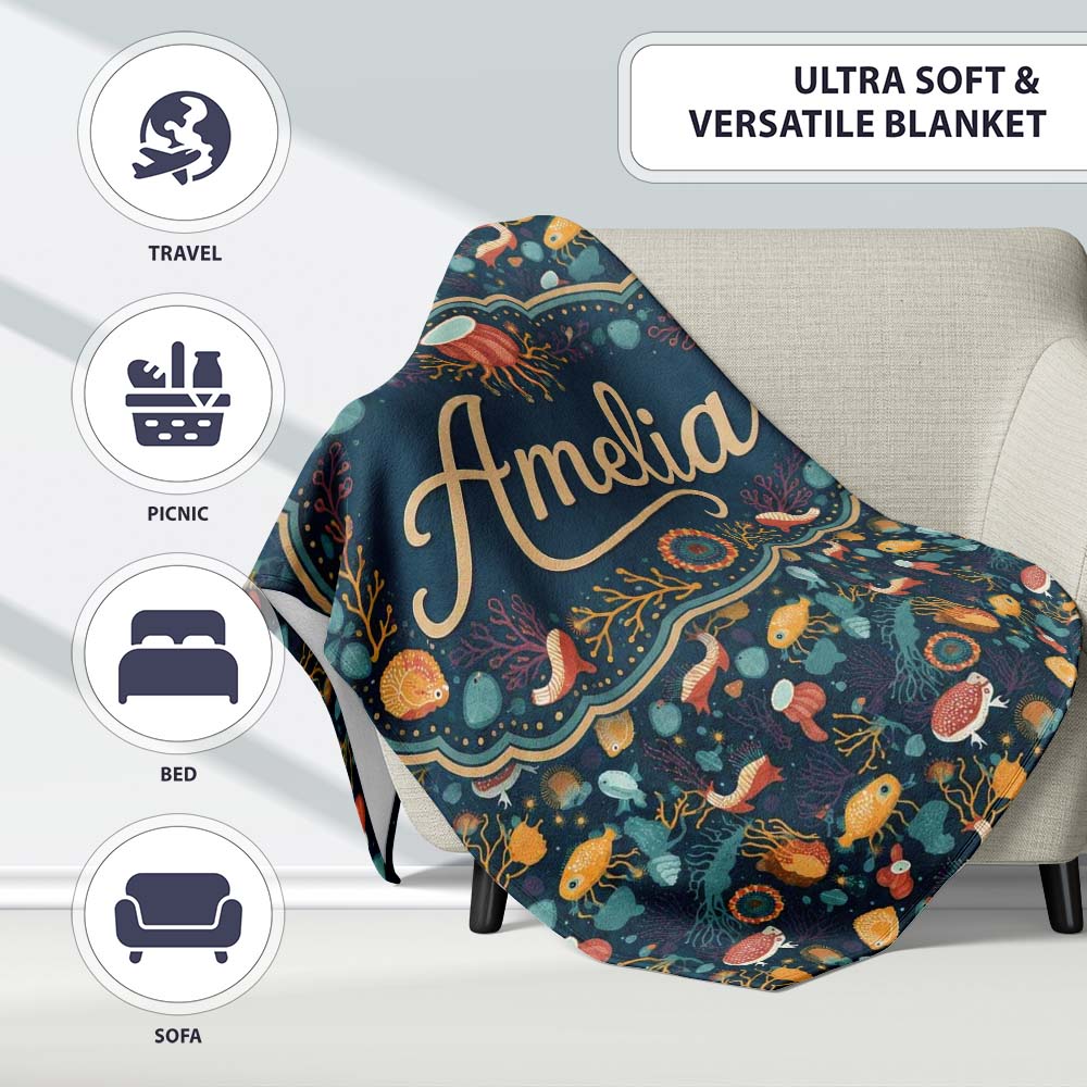 Cute Sea Creatures Seamless Pattern Jellyfish Fish Coral Ocean Personalised Custom Name Super Soft Fleece Blanket Bed Sofa Throw