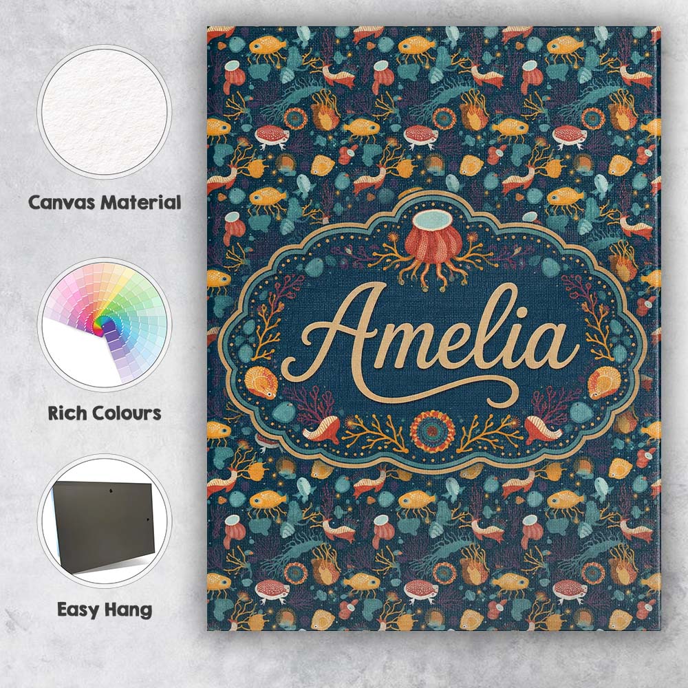 Personalised Name Cute Sea Creatures Custom Premium Decorative Design Modern Room Accent Canvas Wall Art Print Decor Picture Ready to Hang