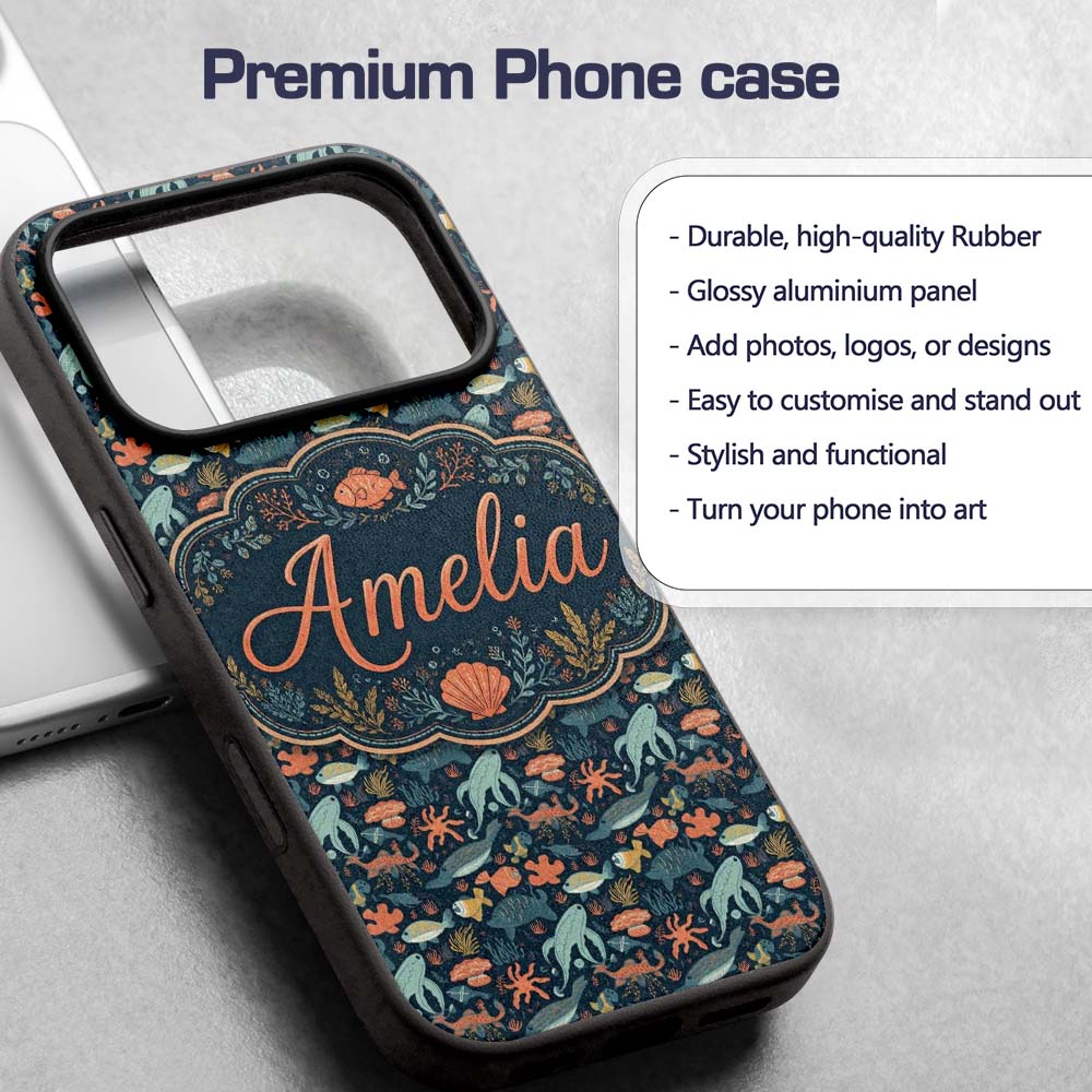 Underwater Ocean Animals Seamless Pattern Whale Custom Name Protective Phone Case Mobile Cover Durable Everyday Smartphone Shock Resistant