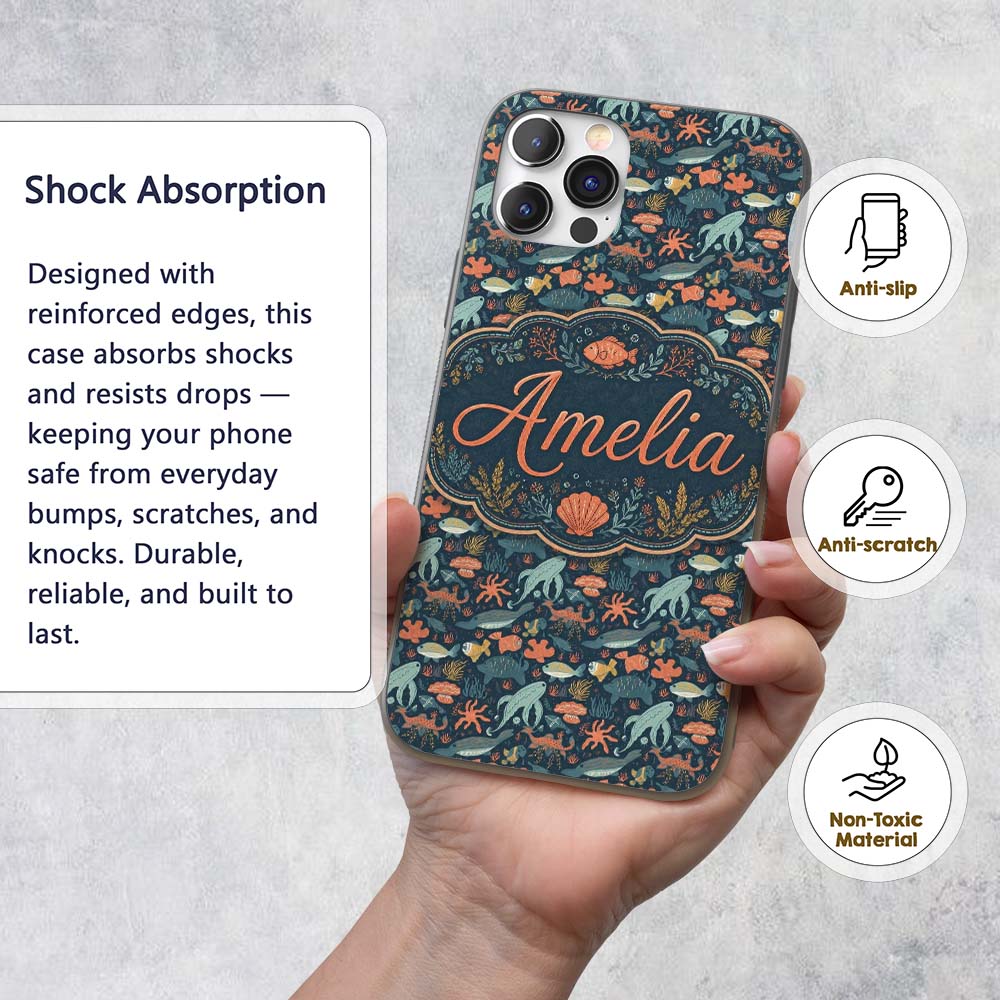 Underwater Ocean Animals Seamless Pattern Whale Custom Name Protective Phone Case Mobile Cover Durable Everyday Smartphone Shock Resistant