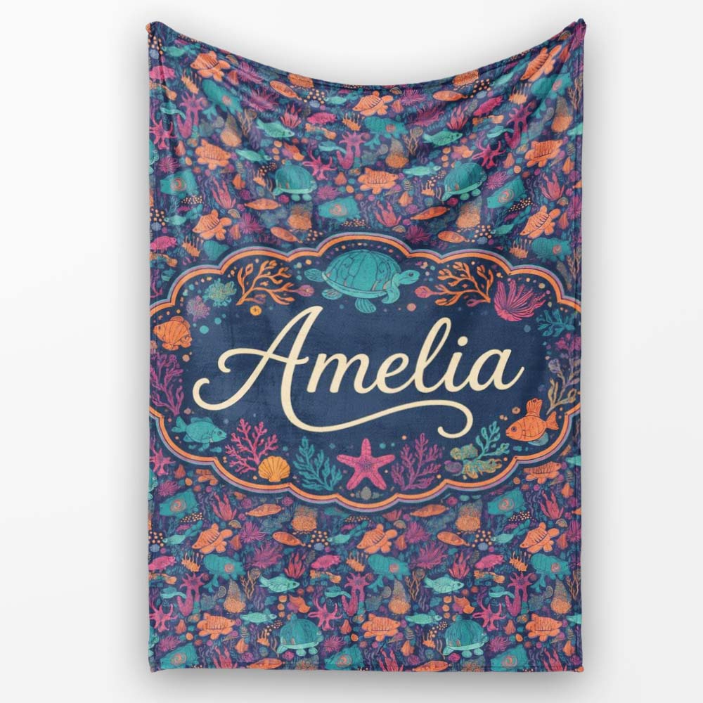 Vibrant Sea Life Seamless Pattern Tropical Fish Coral Reef Design Personalised Custom Name Super Soft Fleece Blanket Bed Sofa Throw