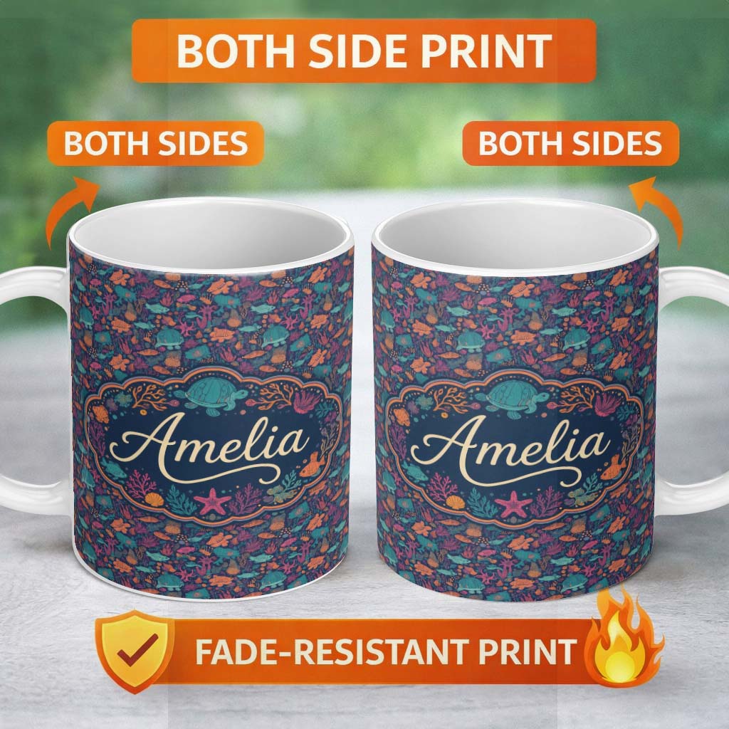 Personalized Custom Name Vibrant Sea Life Seamless Pattern Tropical Fish Coral Reef Design 11oz Ceramic Coffee Tea Mug White Large Handle
