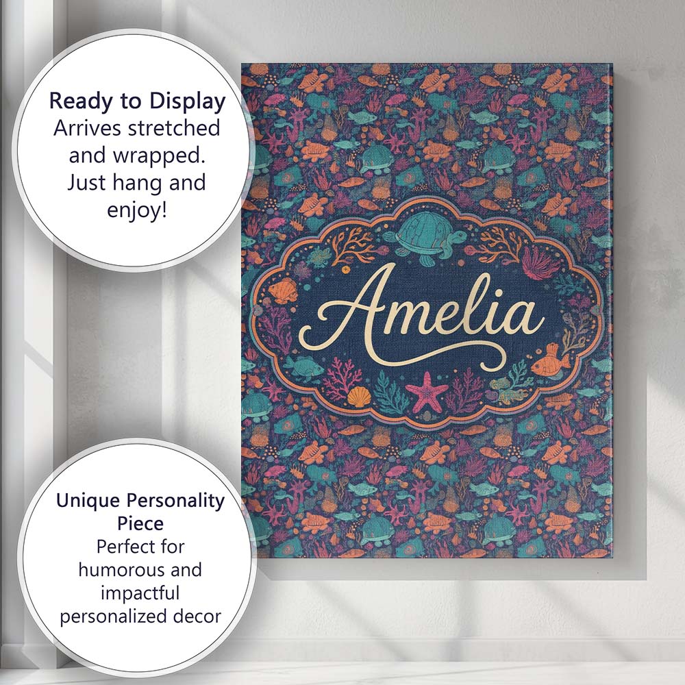 Personalised Name Vibrant Sea Life Seamless Custom Bespoke Interior Contemporary Canvas Wall Art Print Decor Picture Ready to Hang