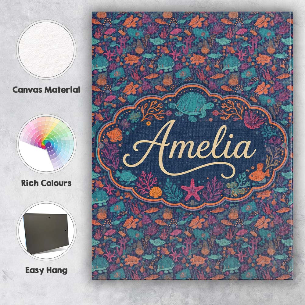 Personalised Name Vibrant Sea Life Seamless Custom Bespoke Interior Contemporary Canvas Wall Art Print Decor Picture Ready to Hang