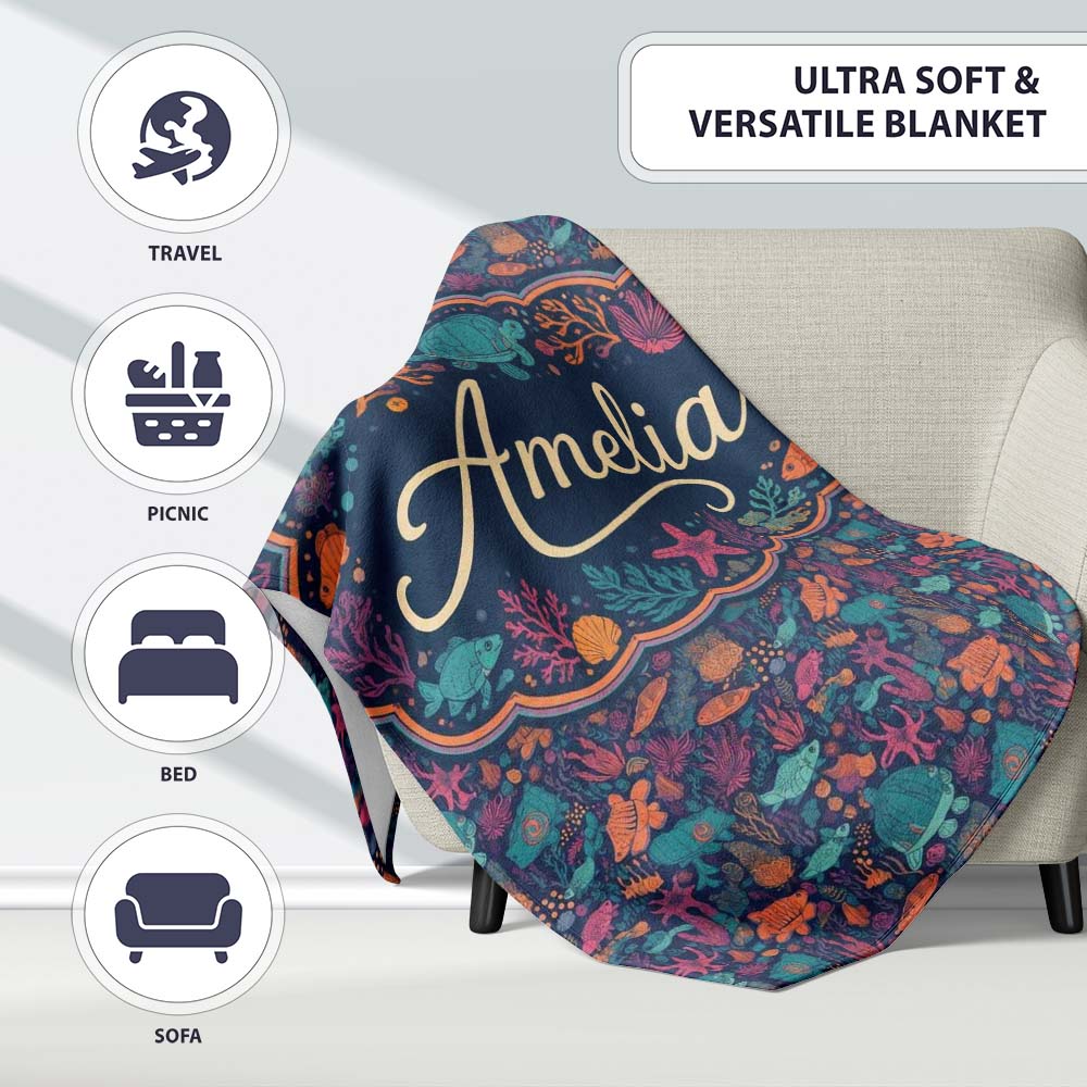 Vibrant Sea Life Seamless Pattern Tropical Fish Coral Reef Design Personalised Custom Name Super Soft Fleece Blanket Bed Sofa Throw