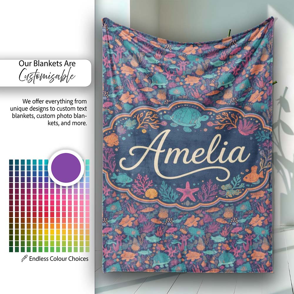 Vibrant Sea Life Seamless Pattern Tropical Fish Coral Reef Design Personalised Custom Name Super Soft Fleece Blanket Bed Sofa Throw
