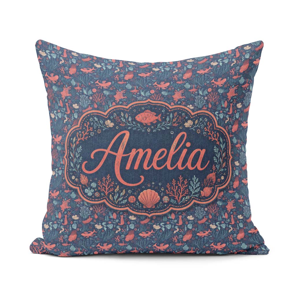 Custom Name Ocean Marine Seamless Pattern Fish Coral Sea Life Square Filled Cushion Throw Pillow Sofa Bed Home Decor Zip Washable UK Made