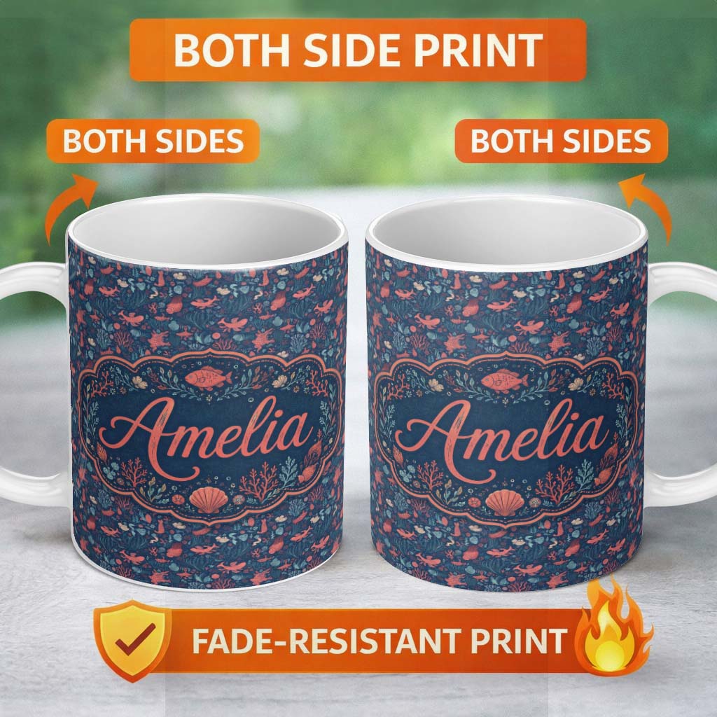 Personalized Custom Name Stylish Ocean Marine Seamless Pattern Fish Coral Sea Life 11oz Ceramic Coffee Tea Mug White Large Handle