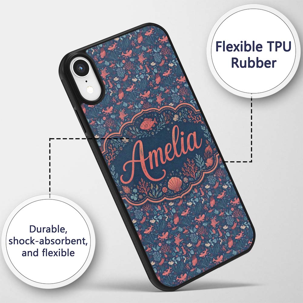 Stylish Ocean Marine Seamless Pattern Fish Coral Custom Name Protective Phone Case Mobile Cover Durable Everyday Smartphone Shock Resistant