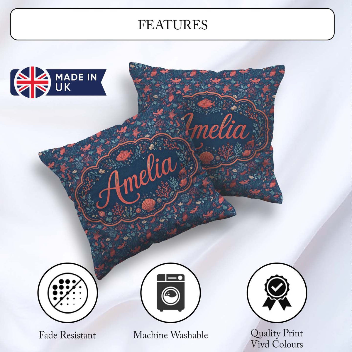Custom Name Ocean Marine Seamless Pattern Fish Coral Sea Life Square Filled Cushion Throw Pillow Sofa Bed Home Decor Zip Washable UK Made