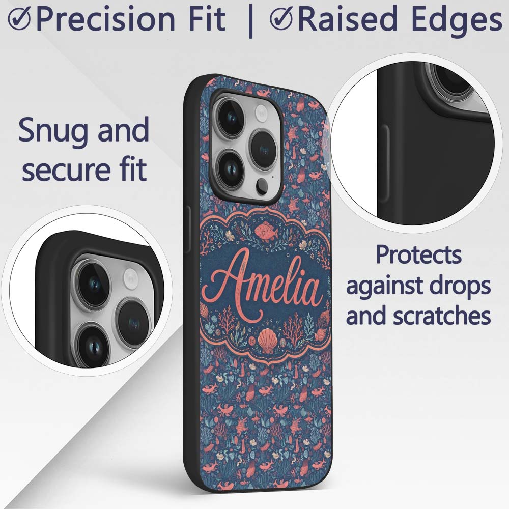 Stylish Ocean Marine Seamless Pattern Fish Coral Custom Name Protective Phone Case Mobile Cover Durable Everyday Smartphone Shock Resistant