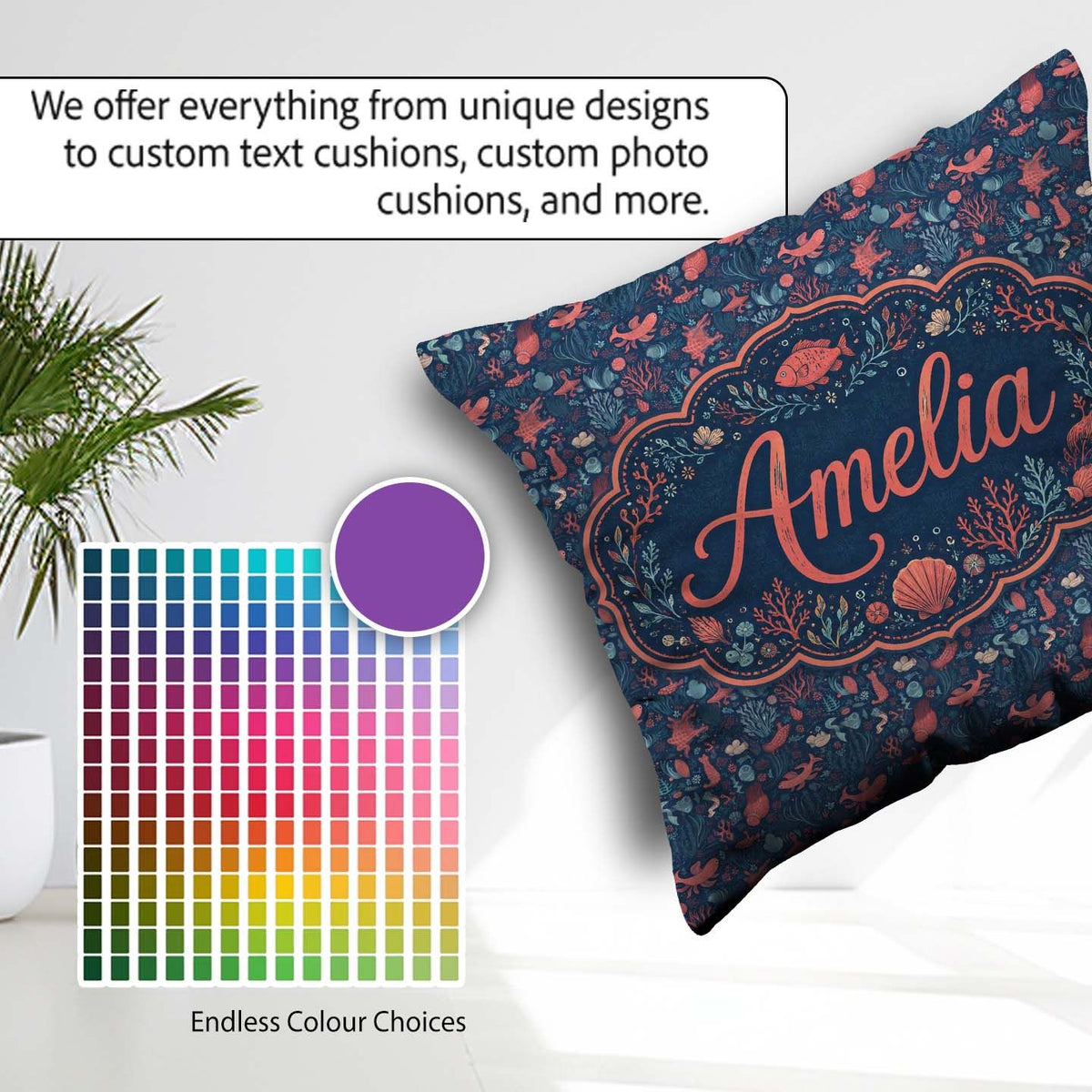 Custom Name Ocean Marine Seamless Pattern Fish Coral Sea Life Square Filled Cushion Throw Pillow Sofa Bed Home Decor Zip Washable UK Made