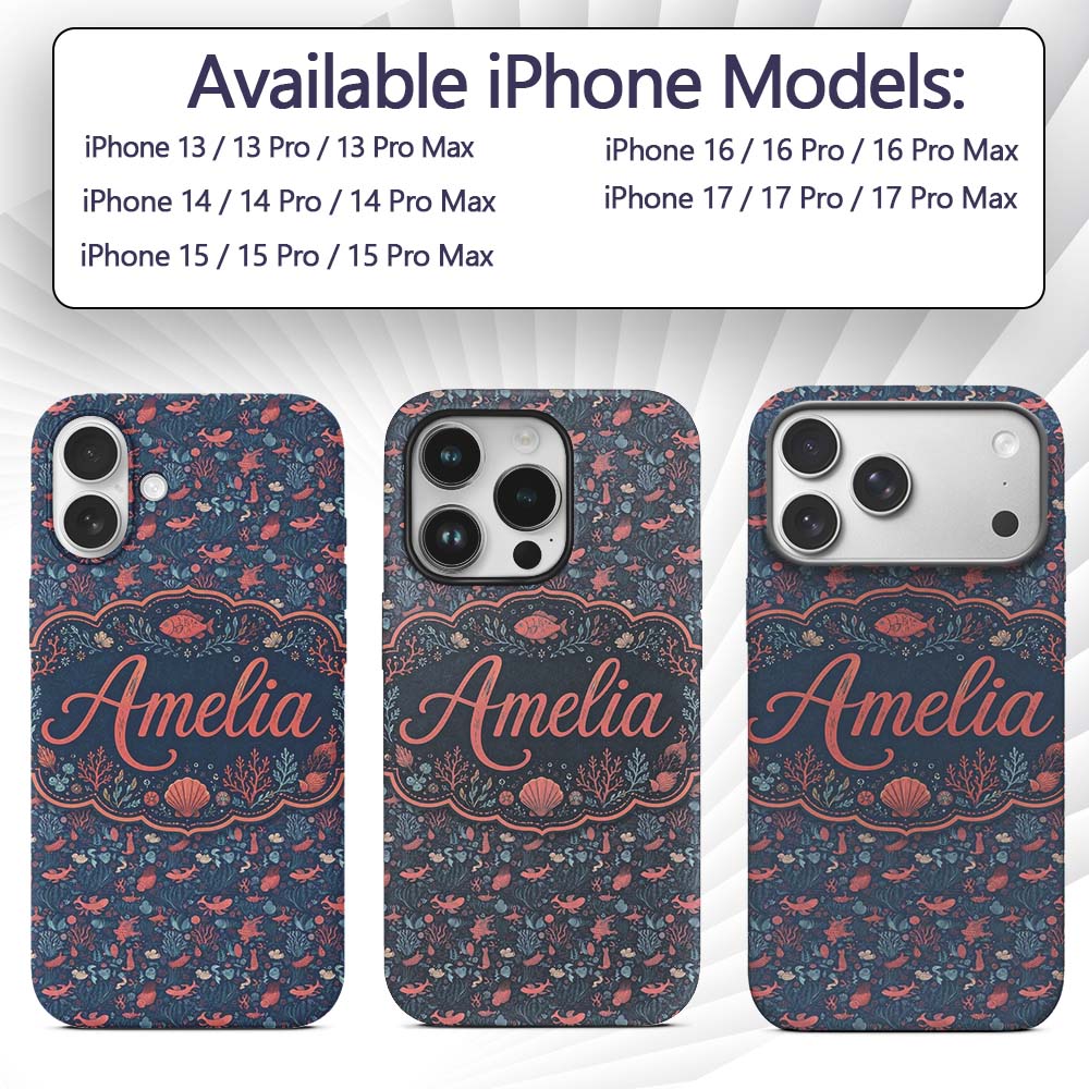 Stylish Ocean Marine Seamless Pattern Fish Coral Custom Name Protective Phone Case Mobile Cover Durable Everyday Smartphone Shock Resistant