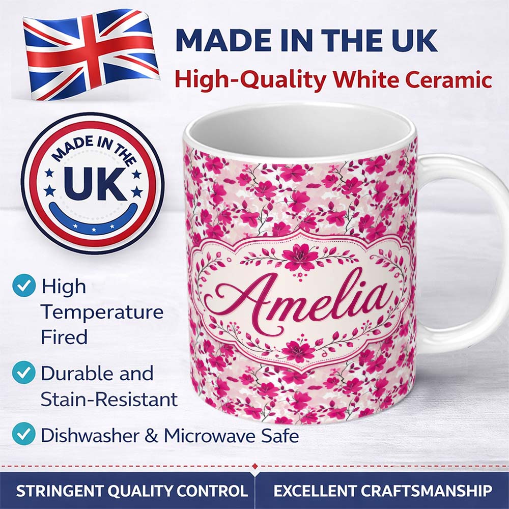 Personalized Custom Name Pink Blossom Floral Seamless Pattern Soft Botanical Spring Flowers 11oz Ceramic Coffee Tea Mug White Large Handle