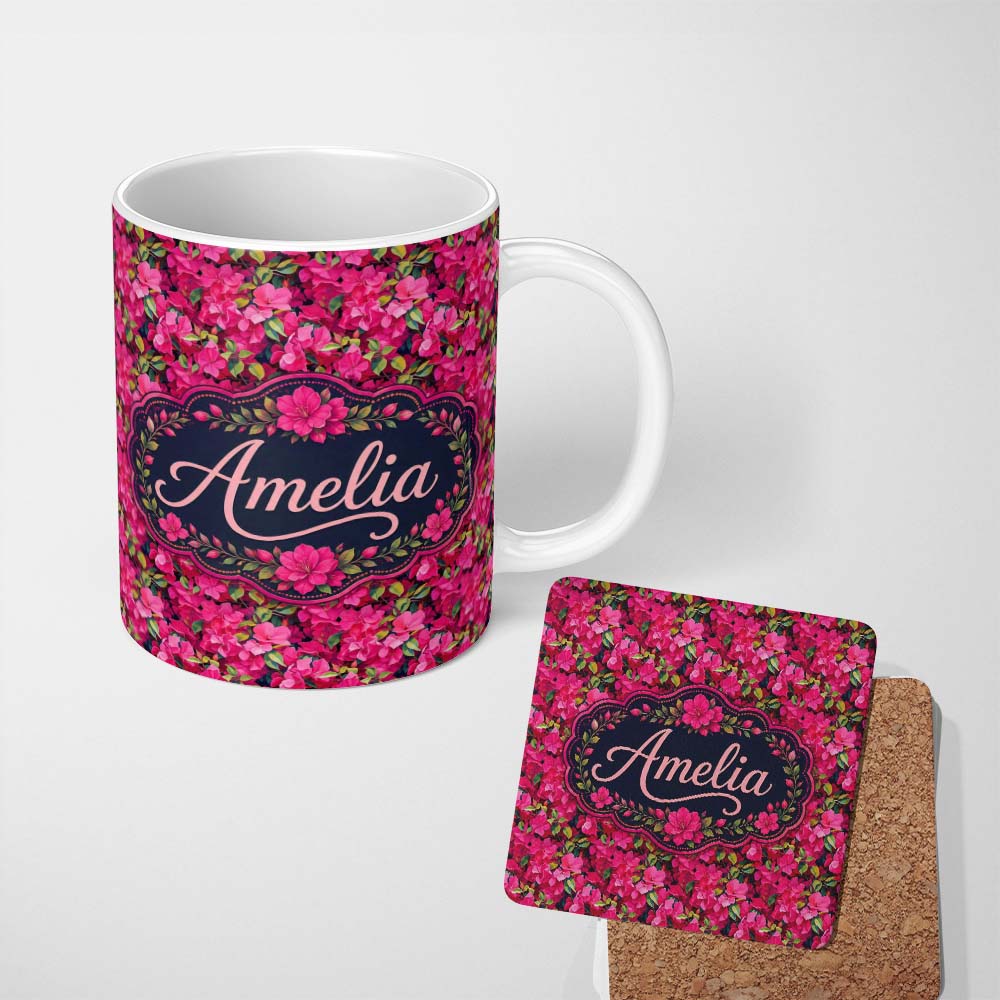 Personalized Custom Name Vibrant Pink Floral Garden Seamless Pattern Lush Blooming Flowers 11oz Ceramic Coffee Tea Mug White Large Handle
