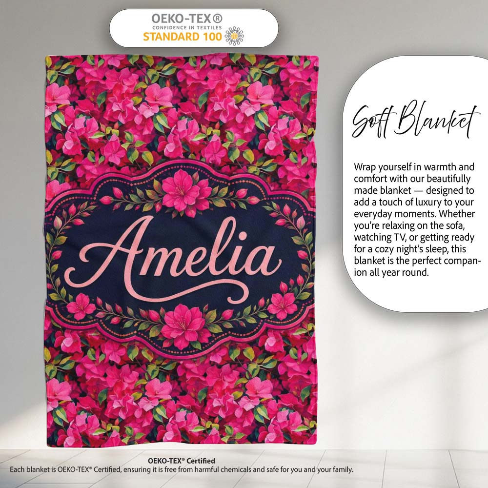 Vibrant Pink Floral Garden Seamless Pattern Lush Blooming Flowers Personalised Custom Name Super Soft Fleece Blanket Bed Sofa Throw