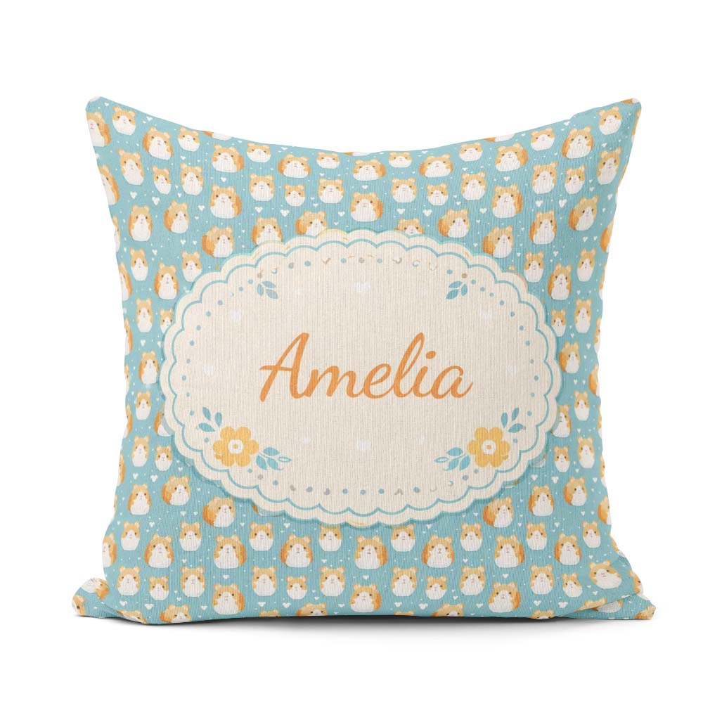 Custom Name Cute Hamster Cartoon Blue Heart Pattern Seamless Square Filled Cushion Throw Pillow Sofa Bed Home Decor Zip Washable UK Made