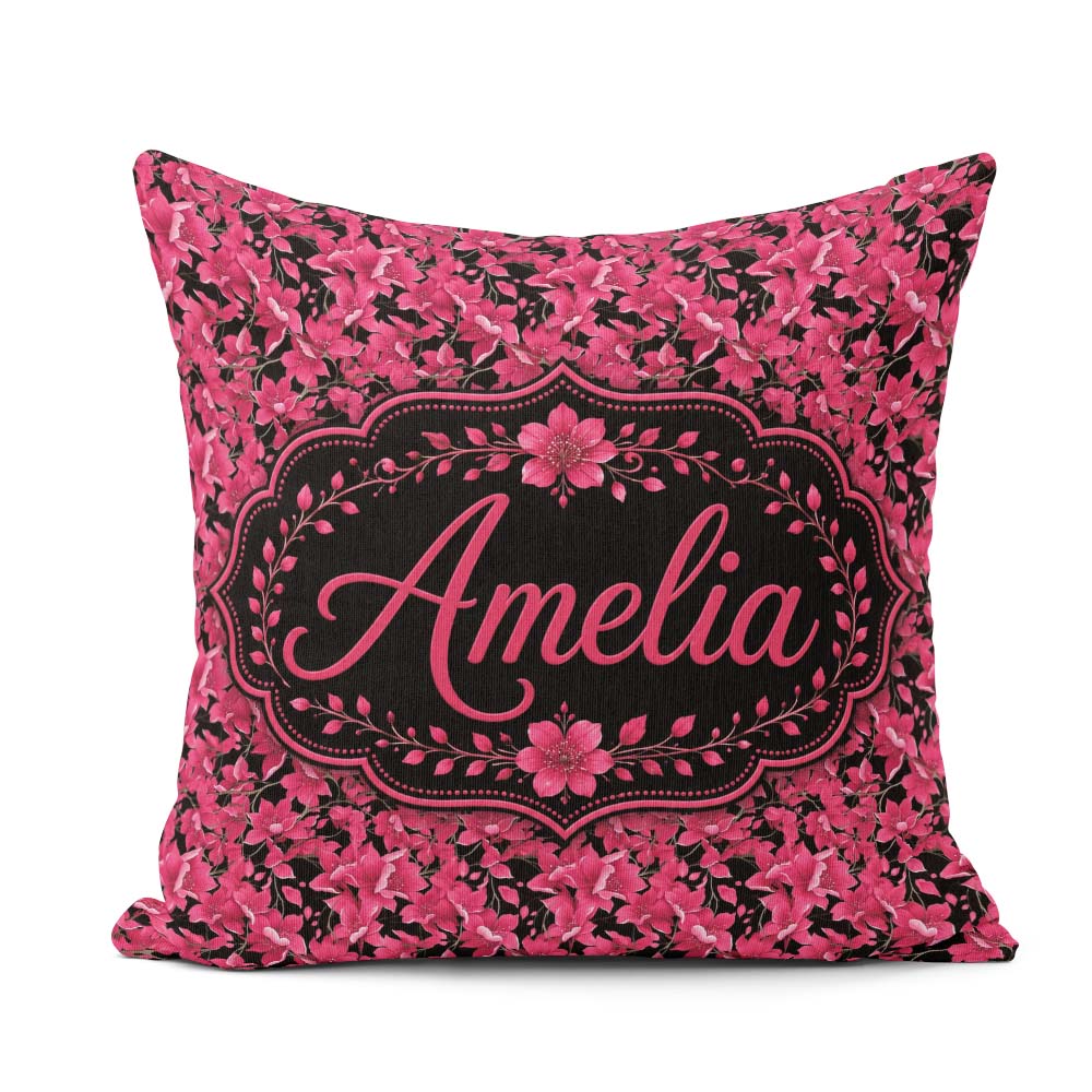 Custom Name Elegant Pink Flowers Black Seamless Botanical Floral Square Filled Cushion Throw Pillow Sofa Bed Home Decor Zip Washable UK Made