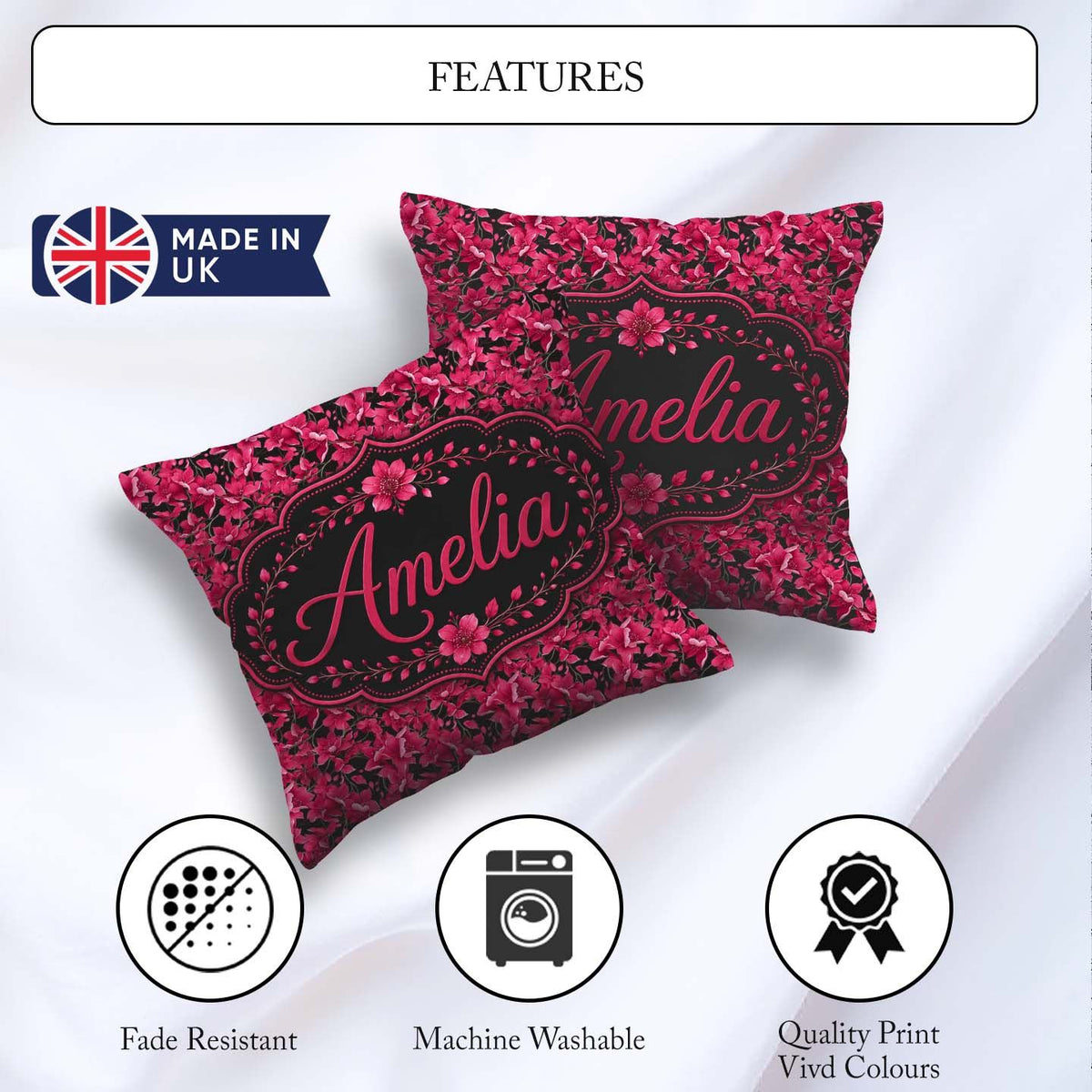Custom Name Elegant Pink Flowers Black Seamless Botanical Floral Square Filled Cushion Throw Pillow Sofa Bed Home Decor Zip Washable UK Made