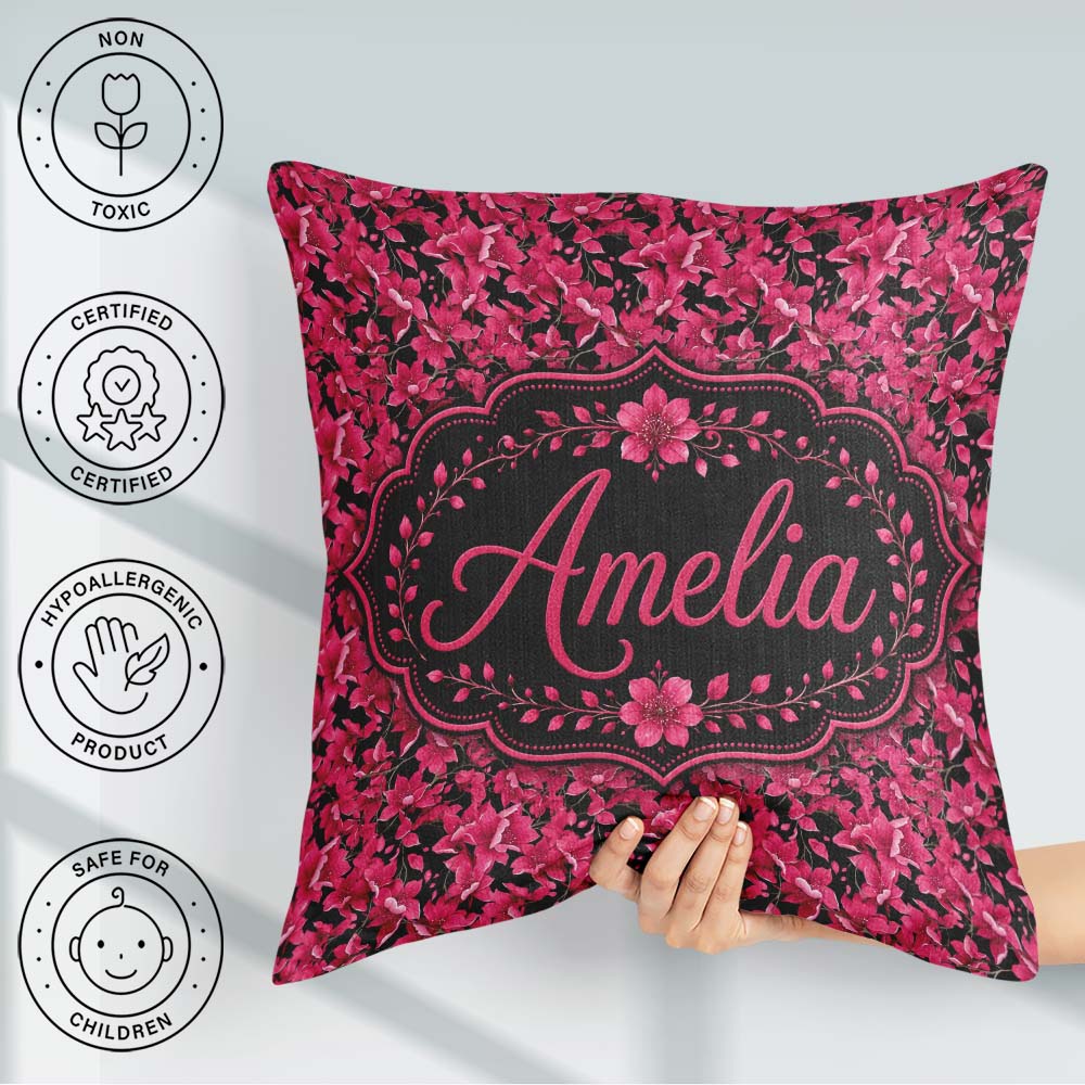 Custom Name Elegant Pink Flowers Black Seamless Botanical Floral Square Filled Cushion Throw Pillow Sofa Bed Home Decor Zip Washable UK Made