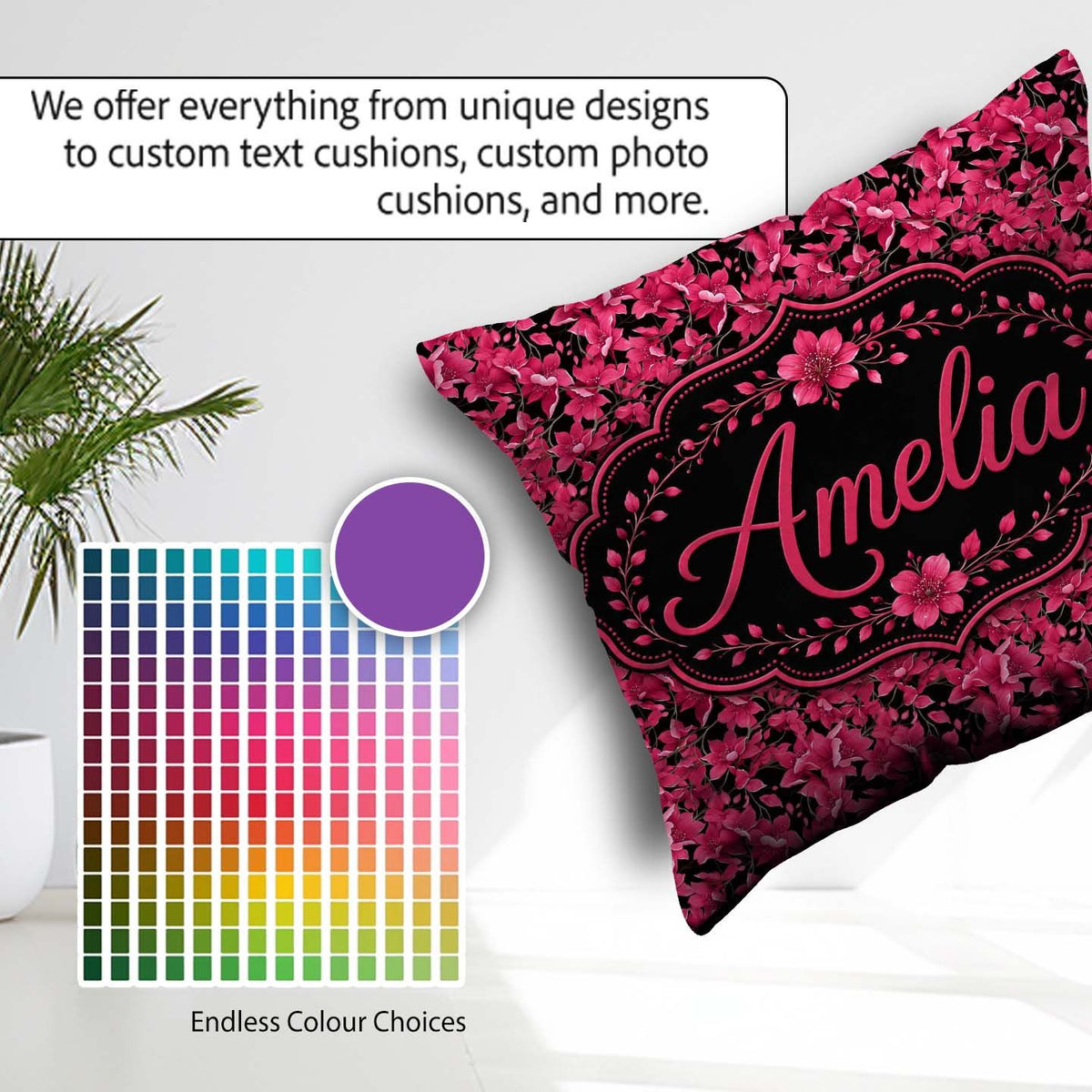 Custom Name Elegant Pink Flowers Black Seamless Botanical Floral Square Filled Cushion Throw Pillow Sofa Bed Home Decor Zip Washable UK Made