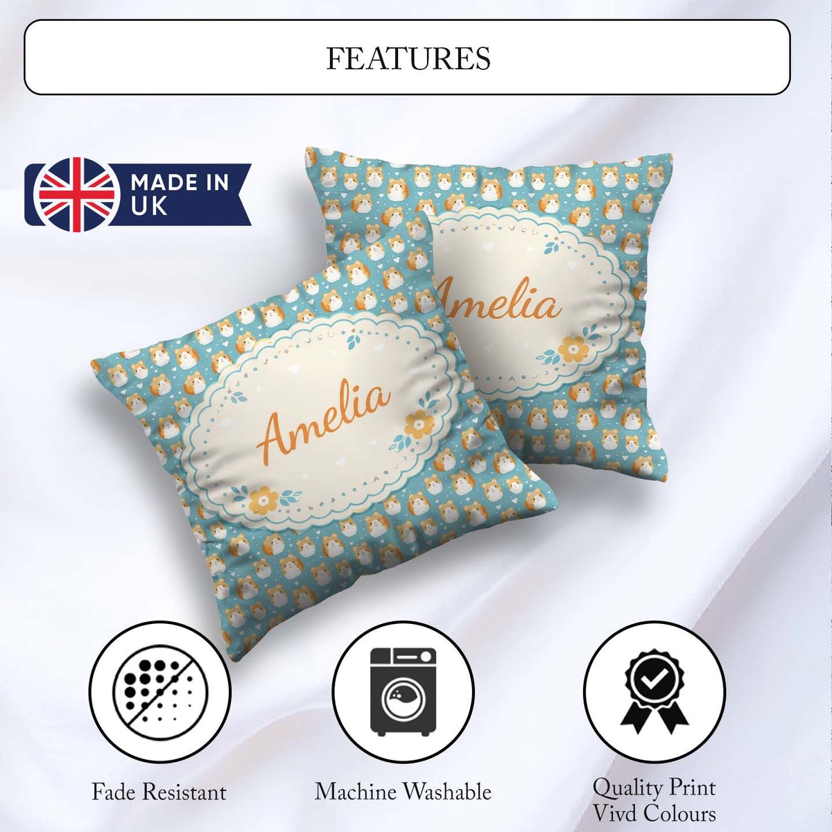 Custom Name Cute Hamster Cartoon Blue Heart Pattern Seamless Square Filled Cushion Throw Pillow Sofa Bed Home Decor Zip Washable UK Made