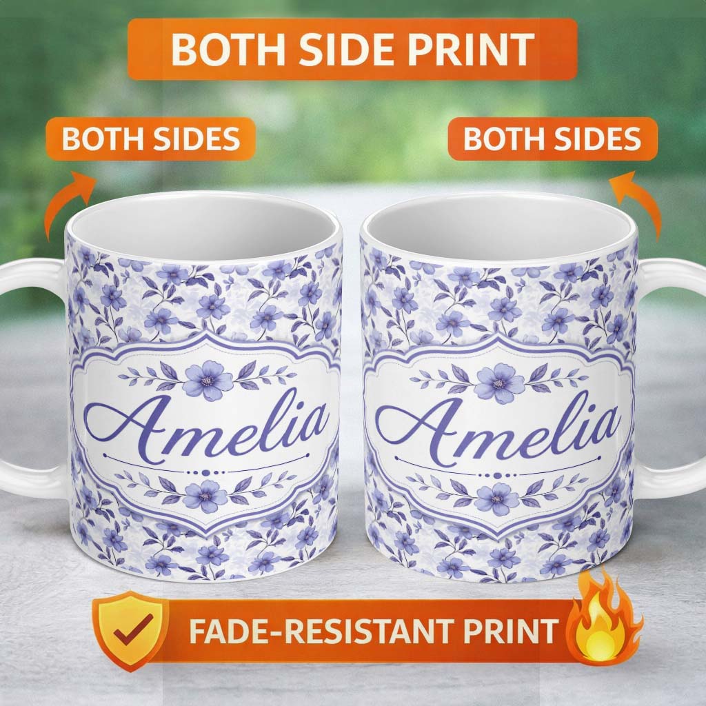 Personalized Custom Name Soft Purple Wildflower Botanical Seamless Pattern Cute Unique Gift 11oz Ceramic Coffee Tea Mug White Large Handle