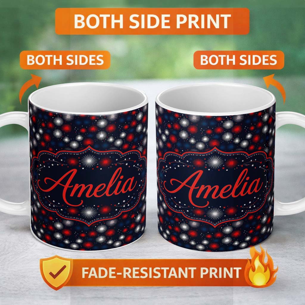 Personalized Custom Name Red White Blue Fireworks Seamless Pattern Festive Celebration 11oz Ceramic Coffee Tea Mug White Large Handle
