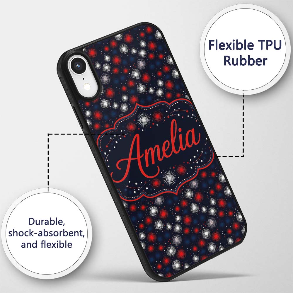 Red White Blue Fireworks Seamless Pattern Festive Custom Name Protective Phone Case Mobile Cover Durable Everyday Smartphone Shock Resistant