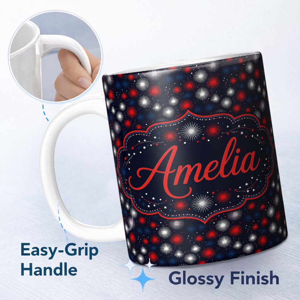 Personalized Custom Name Red White Blue Fireworks Seamless Pattern Festive Celebration 11oz Ceramic Coffee Tea Mug White Large Handle